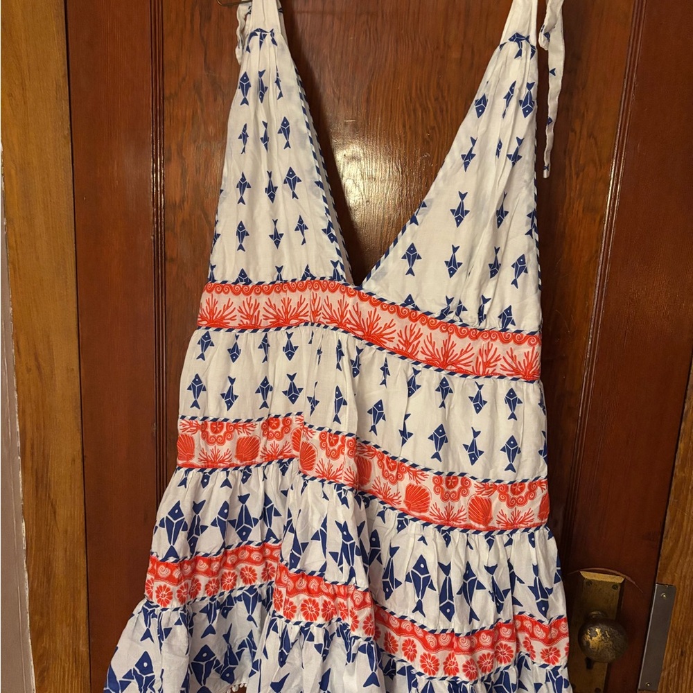 FARM Rio White and Blue Dress with Orange Accents
